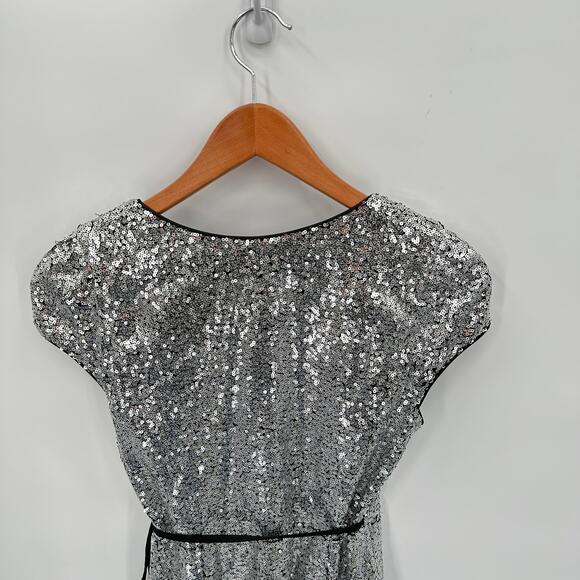 AQUA NWT Silver Sequin Mini Party Cocktail Wrap Dress // S - Picture 12 of 15